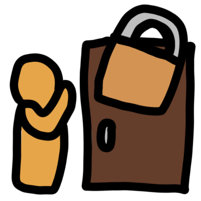 a yellow figure with a hand to their face; they are to the left of a brown door with a big closed padlock over it.
